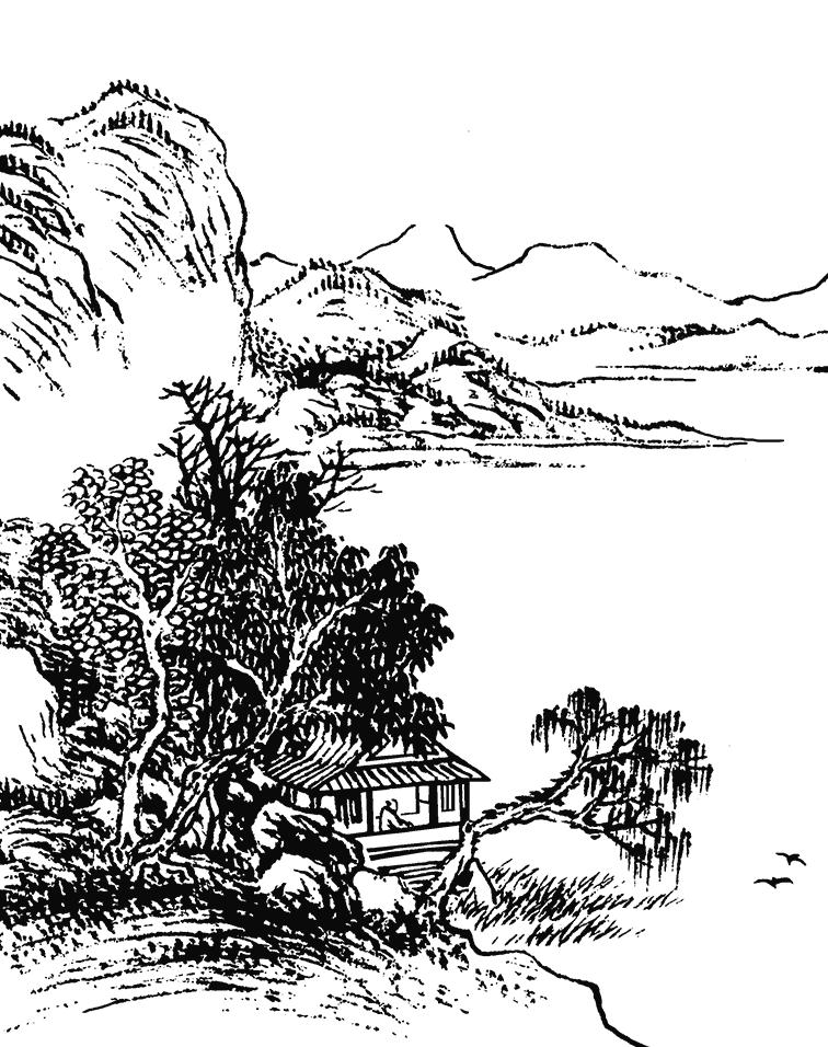 Illustration d'un poète dans sa cabane au bord de l'eau